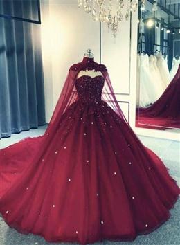 Picture of Glam Ball Gown Quinceanera Dresses Lace Applique Beaded Cape, Wine Red Color Formal Dresses Party Gowns